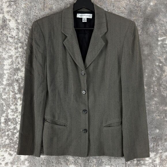 Anne Klein Size 6 Herringbone Notched Blazer Jacket Gray Long Sleeve Lined USA - Picture 1 of 7